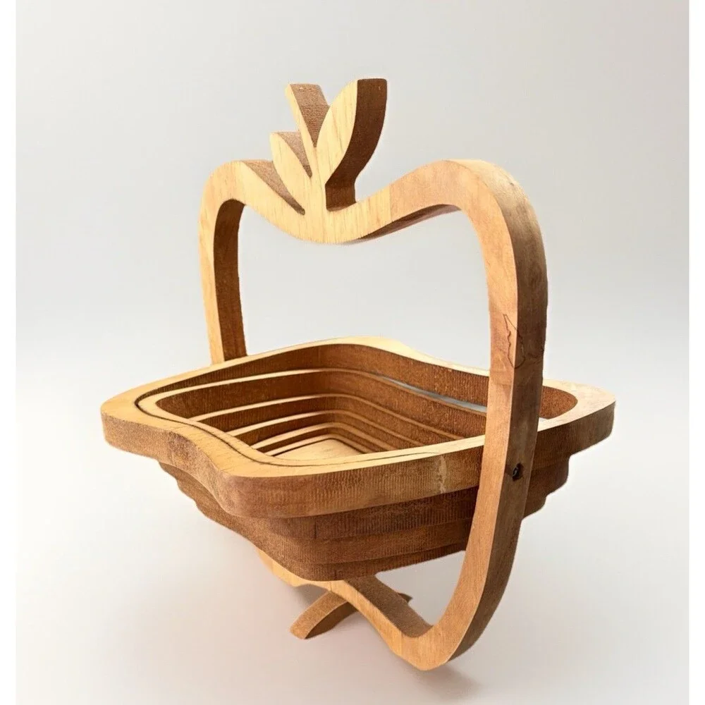 Collapsible Wooden Dry Fruit Basket Apple Shaped Kitchen Storage